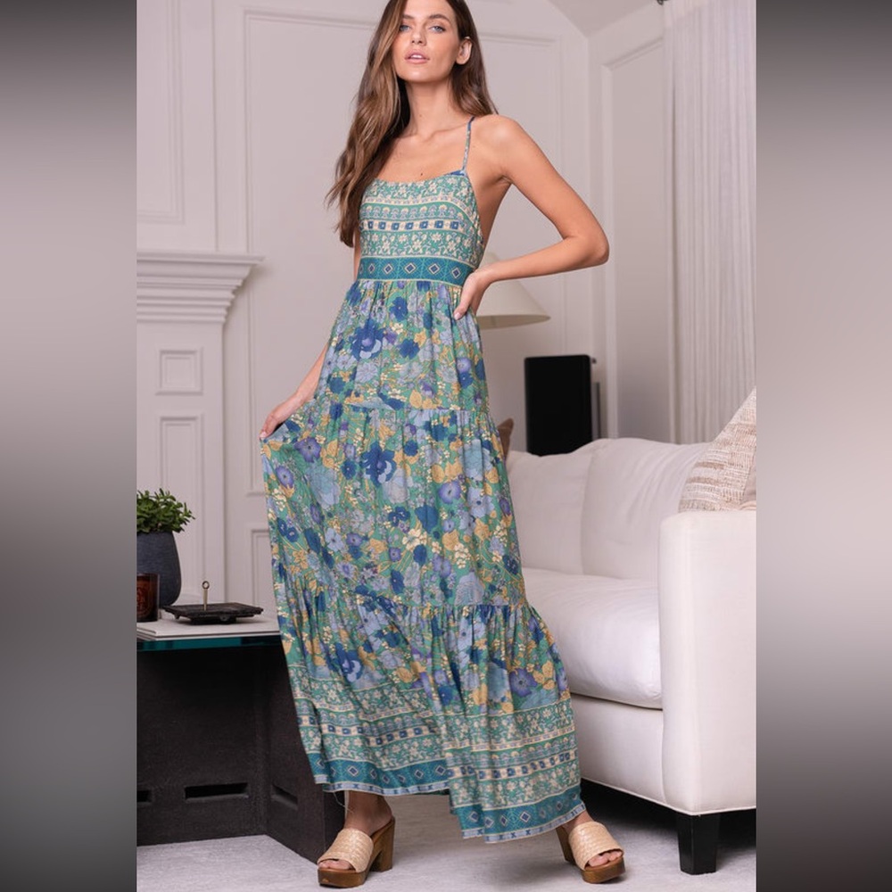 Lulus True Delights Green Multi Floral Print Tiered Maxi Dress - Size M - Picture 4 of 4